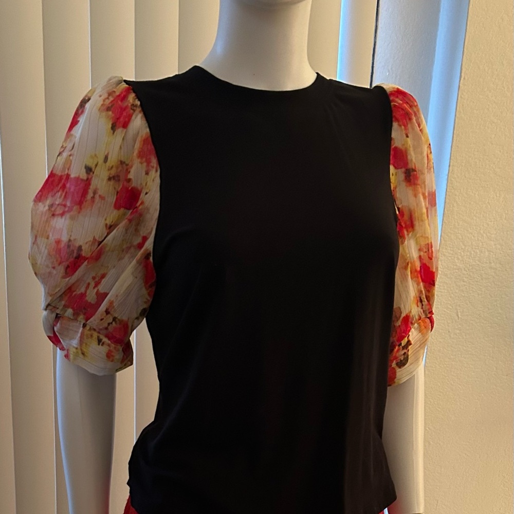 DKNY Black Top with Floral Puff Sleeves